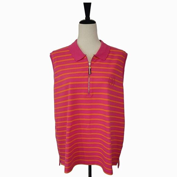 Tommy Hilfiger Pink Striped  Sleeveless Zip Polo Shirt Size 1X NWOT - Picture 1 of 7